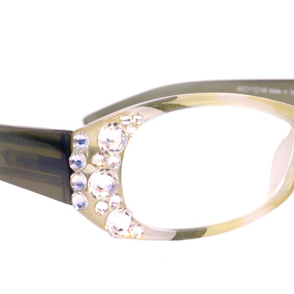 Dashing Stripes, (Bling) Women Reading Glasses Adorned W (Clear) Genuine European Crystals +1..+3 (Green, White)  Oval, NY Fifth Avenue