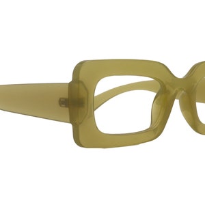 May include: Olive green square-framed eyeglasses. The frames have a thick, bold design with a rounded rectangular shape. The temples and bridge are a matching olive green color. The lenses are clear.