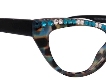 The Lynx, (Bling) Reading Glasses 4 Women W (Full Top) (Clear and Turquoise) Genuine European Crystals, CatEye (Blk Leopard) NY Fifth Avenue