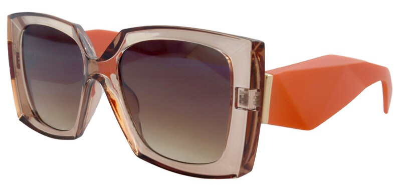 Puede incluir: Gafas de sol cuadradas de gran tama&ntilde;o con un marco grueso de color marr&oacute;n y patillas naranjas.