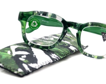 Sasha, (Premium) Reading Glasses, High End Readers +1.25..+3 Magnifying Eyeglasses (Black, Green) Camo Square Optical Frames NY Fifth Avenue