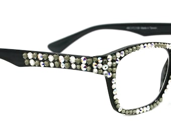 Kelly, (Bling) Reading Glasses 4 women W (Full All Over)(Black Diamond, AB Aurora Borealis) Genuine European Crystals.Square NY Fifth Avenue