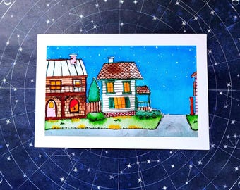 Impression d'art de maison de rêve, impression d'art naïf, peinture en téléchargement numérique, décoration dopamine lunatique