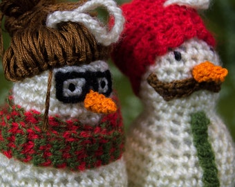 Crochet Pattern, Hipster Snowman Dolls Set, Amigurumi, Christmas Ornament