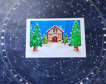 Impression aquarelle de cabane de Noël confortable, téléchargement immédiat pour une décoration des Fêtes