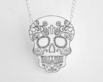 Gotische ketting, suiker schedel ketting, gotische sieraden, sterling zilver, acryl ketting, mendes mores schedels, schedel ketting, valentijn