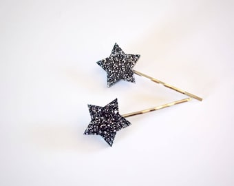 Glitter hair clips, star hair clips, bobby pins, gothic hair accessories, kitsch hair pins, glitter stars, gothic gift, alterntive jewellery