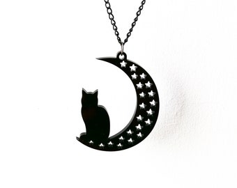 Cat necklace, moon necklace, gothic necklace, gothic jewellery, gothic gifts, black cat pendant, alternative jewellery, cat lover gift