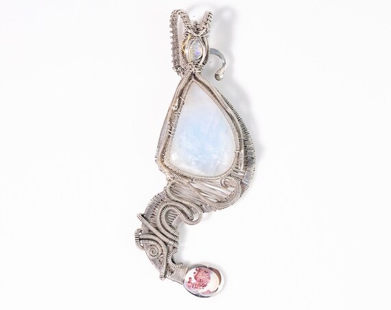 Handmade Rainbow Moonstone 2 Mexican Fire Opal Silver Wire Wrapped Original Bohemian Designs Made With Love Pendant