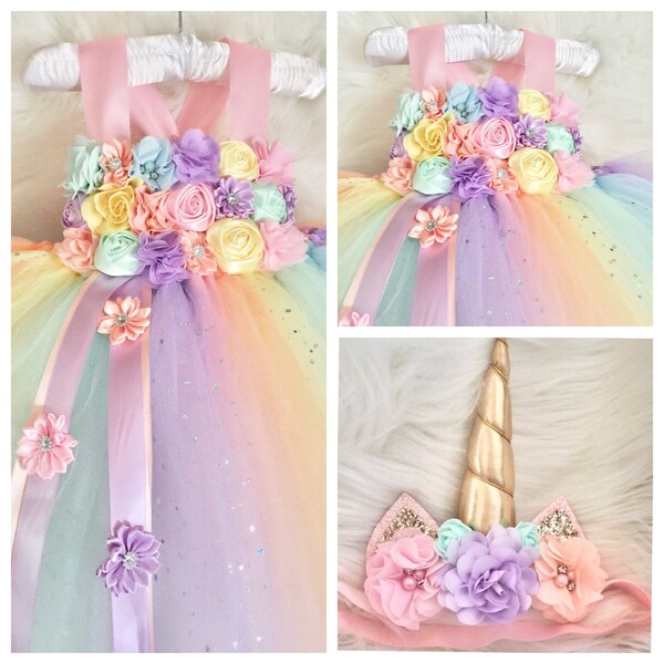 Beautiful unicorn birthday tutu dress,toddler tutu dress,photo prop tutu dress,pastel colors tutu dress with matching headband