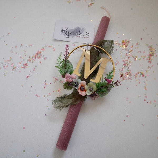 Personalised greek easter lampatha with Gold Wreath and plexiglas monogram-Floral Wreath Boho-Girl or Woman greek easter candle-Lambada