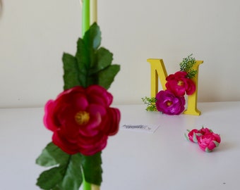 Easter Candle SET with wooden Monogram- Yellow, Green and Fuchsia, Roses- Goddaughter easter gift- Palm Sunday Candle, Greek Easter- Pasxa