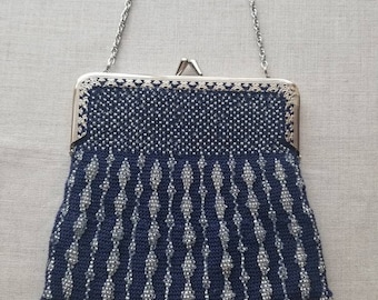 Navy Blue Bead Knitted Wristlet Evening Bag