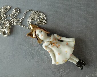 Porcelain Doll pendant necklace in handmade | jewelry ceramic. Artistic necklace in handmade with Ceramic Pendant