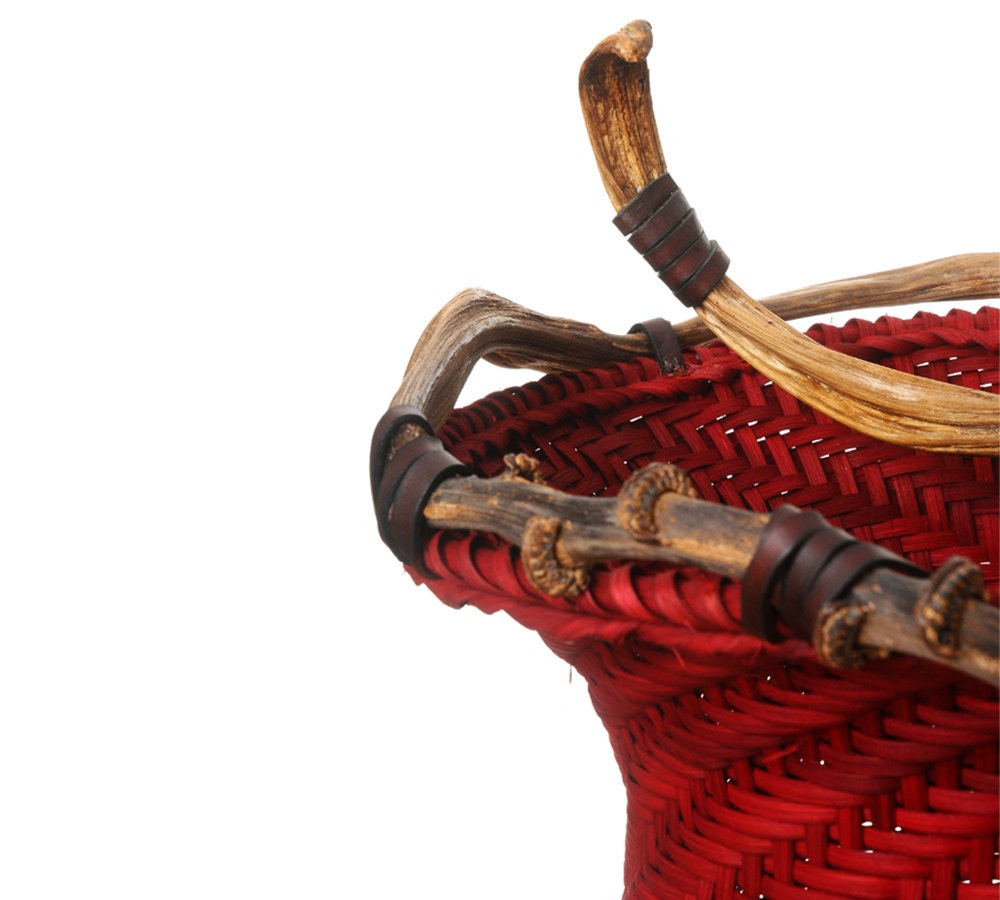 Red Spiral Basket Woven Basket, Wicker Basketry, Woven Sculpture, Dyed Rattan, Contemporary ...
