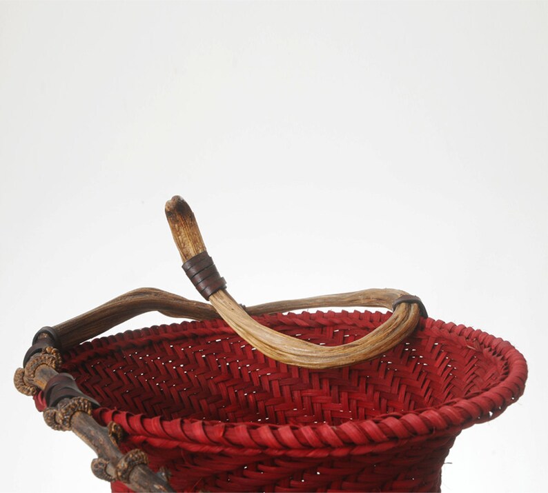 Red Spiral Basket Woven Basket, Wicker Basketry, Woven Sculpture, Dyed