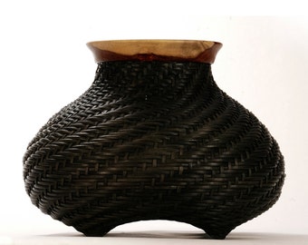 Handwoven basket with wooden rim, twill weaving, contemporary art weaving, custome made basket