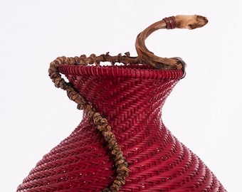 Contemporary weaving Red Spiral Basket - Hand Woven basket with banana branch
