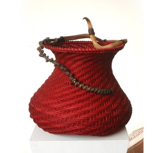 Red Spiral Basket - Woven Basket, Wicker Basketry, Woven Sculpture, Dyed Rattan, Contemporary ...