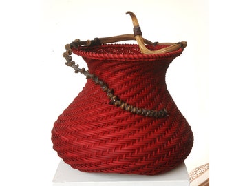 Red Spiral Basket - Woven basket, Wicker basketry, Woven Sculpture, Dyed rattan, Contemporary weaving, Medium size