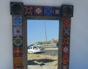 PUNCHED TIN MIRROR with mixed talavera tile wall deco mexican ethnic folk art