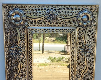 23" PUNCHED TIN MIRROR Mexican handmade hacienda style mirror, folk art