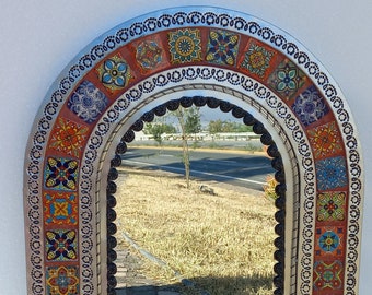 32" PUNCHED TIN MIRROR arched mixed mexican talavera tile, handmade wall decoration