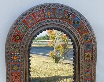 32" PUNCHED TIN MIRROR arched mixed mexican talavera tile, handmade wall decoration