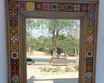 33'' PUNCHED TIN MIRROR with mixed talavera tile mexican folk art wall decoration