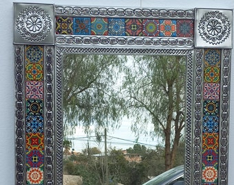 34" PUNCHED TIN MIRROR with mixed talavera tile mexican folk art wall decoration