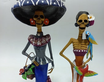 Set of 2 FINE ART CATRINA mexican day of the dead folk art handmade figure 12"