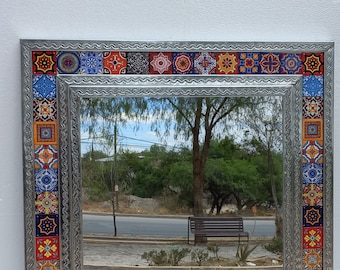 29" PUNCHED TIN MIRROR with mixed talavera tile, mexican folk art wall decoration