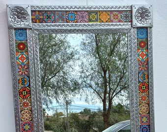 38" PUNCHED tin MIRROR with Mexican talavera tile, hacienda style, handmade XL