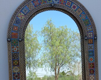 39" PUNCHED tin MIRROR arched Mexican talavera tile handmade hacienda style, XL