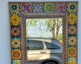 PUNCHED TIN MIRROR with mixed talavera tile mexican folk art 12" X 16"