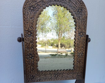 PUNCHED TIN MIRROR, Vanity Mirror with Stand, mexican folk art 14" tall