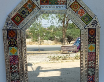 PUNCHED TIN MIRROR octagonal mixed talavera tile mexican folk art mirrors wall decoration