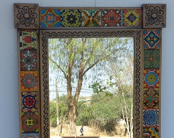 PUNCHED TIN MIRROR with mixed talavera tile mexican folk art 19" X 15"