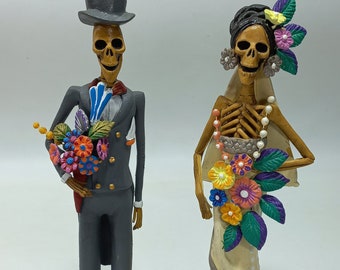 Set of 2 FINE ART CATRINA, bride and groom mexican day of the dead folk art handmade figure 12"