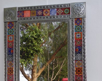 PUNCHED TIN MIRROR mixed talavera tile mexican folk art mirrors wall decoration 