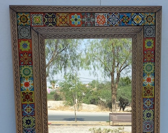 33'' PUNCHED TIN MIRROR with mixed talavera tile mexican folk art wall decoration