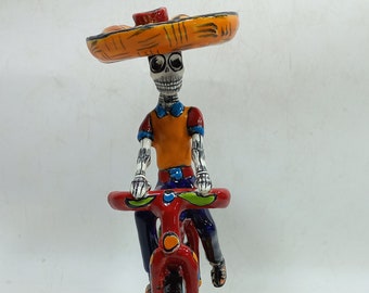 9" CATRINA in BICYCLE mexican talavera day of the dead, colorful figurine, folk art