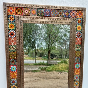 33'' PUNCHED TIN MIRROR with mixed talavera tile mexican folk art wall decoration