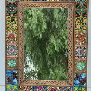 PUNCHED TIN MIRROR with mixed talavera tile mexican folk art 12" X 16"