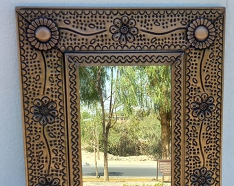 18" PUNCHED TIN MIRROR Mexican handmade hacienda style mirror, folk art