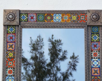 PUNCHED TIN MIRROR with mixed talavera tile wall deco mexican ethnic folk art