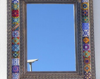 PUNCHED TIN MIRROR with mixed talavera tile wall deco mexican ethnic folk art