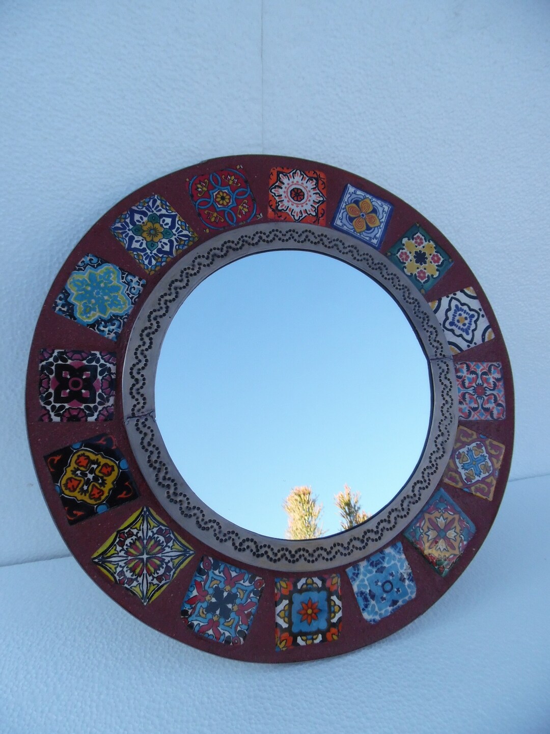 15 ROUND Punched Tin MIRROR Mexican Talavera Tile Etsy