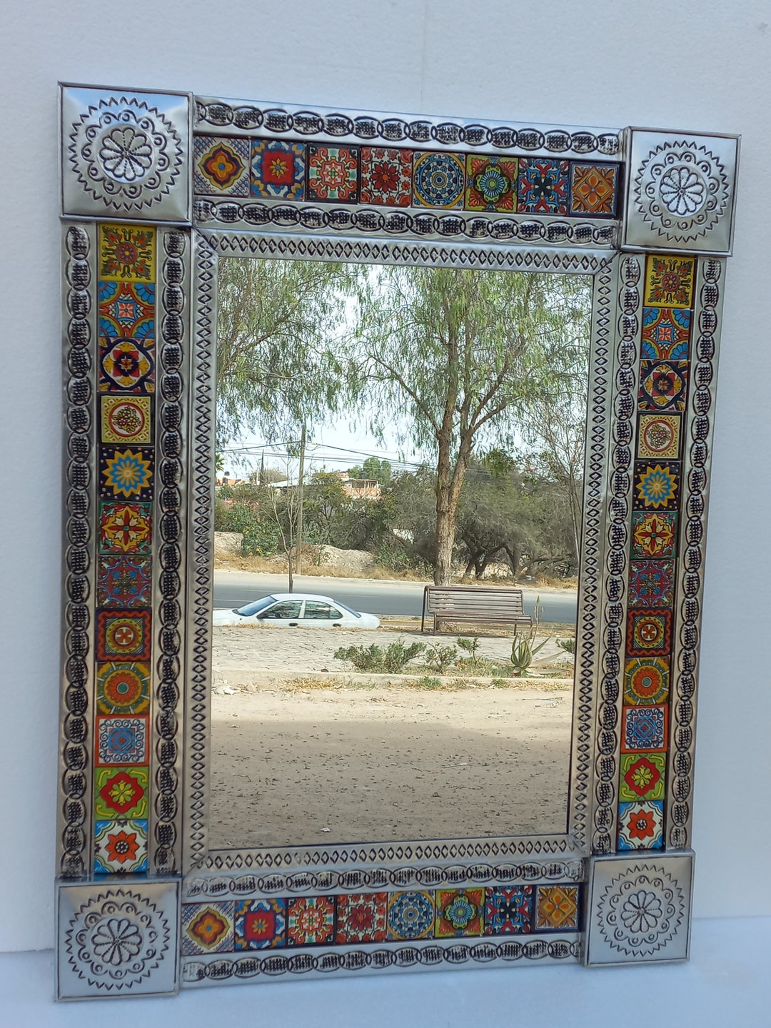 34 PUNCHED TIN MIRROR With Mixed Talavera Tile Mexican Folk