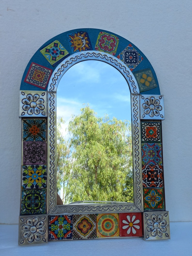 PUNCHED TIN MIRROR Arched Mirror With Mixed Talavera Tile Etsy